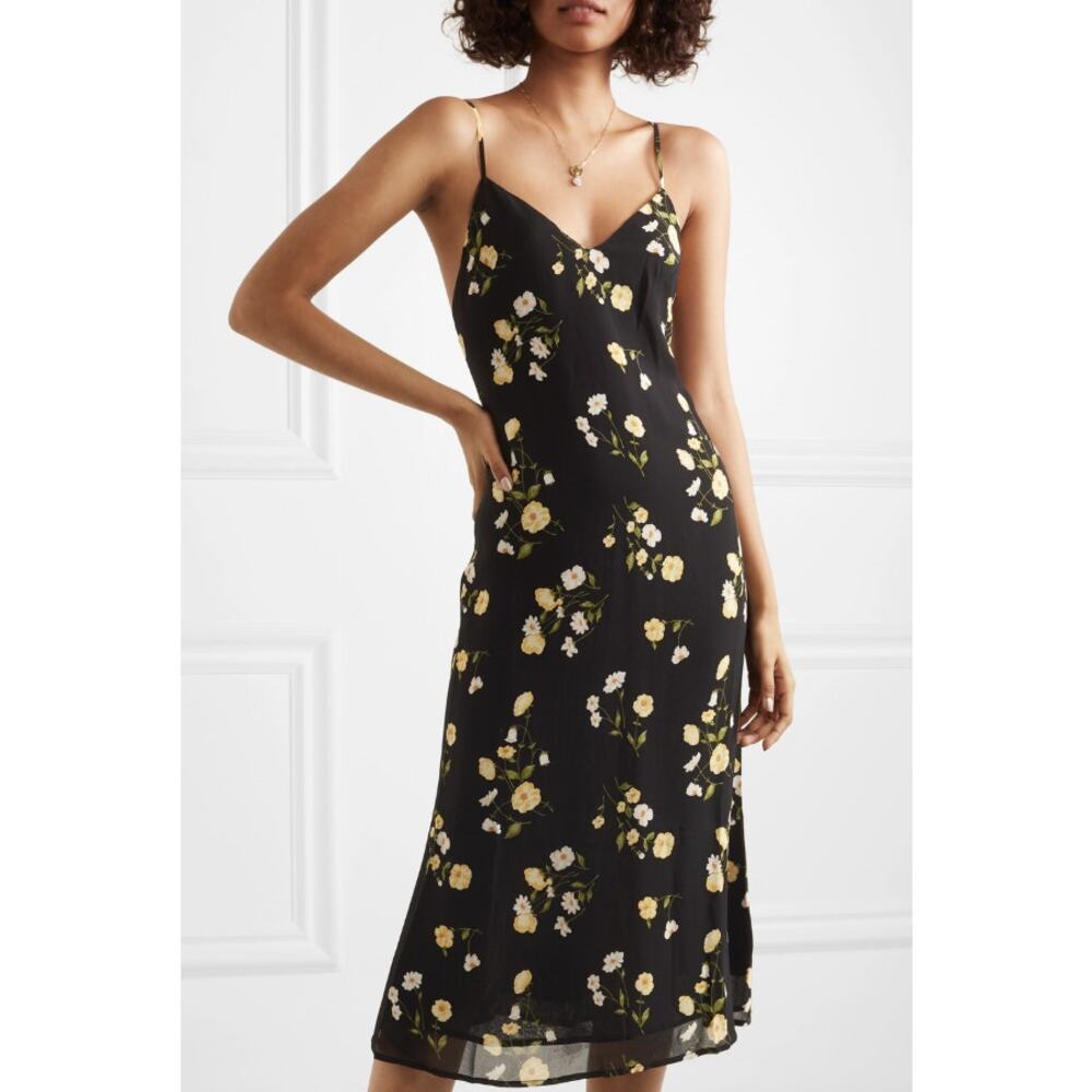 NWT Reformation Dietrich Black Floral Midi Dress Size 4 Yellow White Flowers
